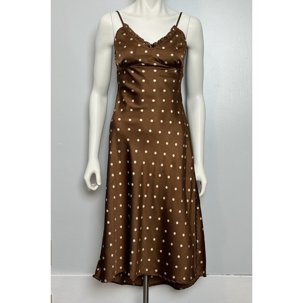 Vintage Japna Y2K Brown Polka Dot Slip Dress Satin Midi S Babydoll Grunge Forest - Picture 3 of 12